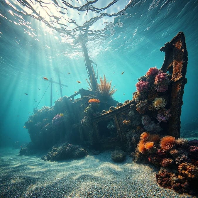 This image is a stunning representation of an underwater scene, showcasing the beauty and diversity of marine life. The vibrant colors and intricate details of the coral reef and sea creatures make for a captivating visual experience.