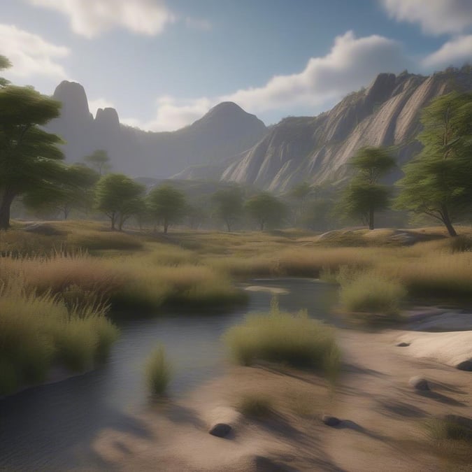 A tranquil scene of natural beauty, featuring a calm river flowing through the heart of a mountainous wilderness.