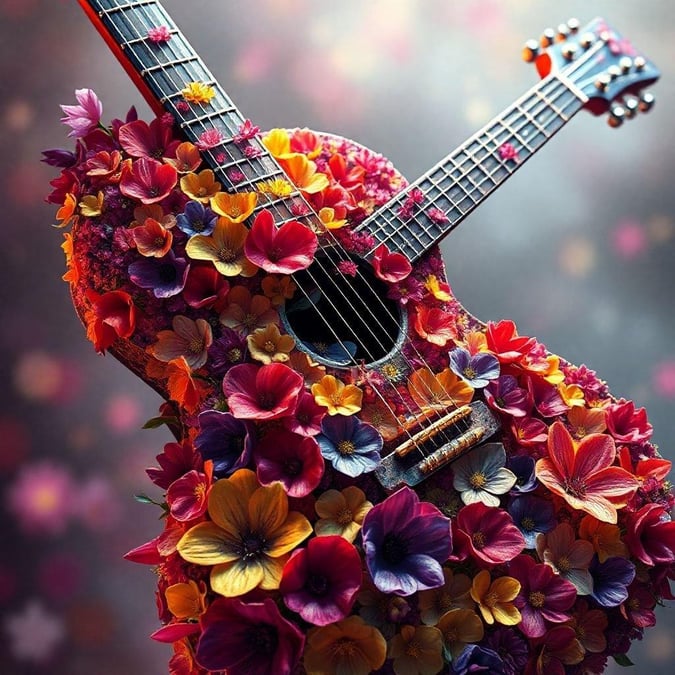 This vibrant wallpaper captures the essence of music with its guitar central theme, surrounded by a burst of colorful flowers. The guitar's rich sound is reflected in the radiant blooms that encircle it. This image brings to life the harmony between music and nature. It's perfect for music enthusiasts looking to personalize their devices with a unique and artistic design.