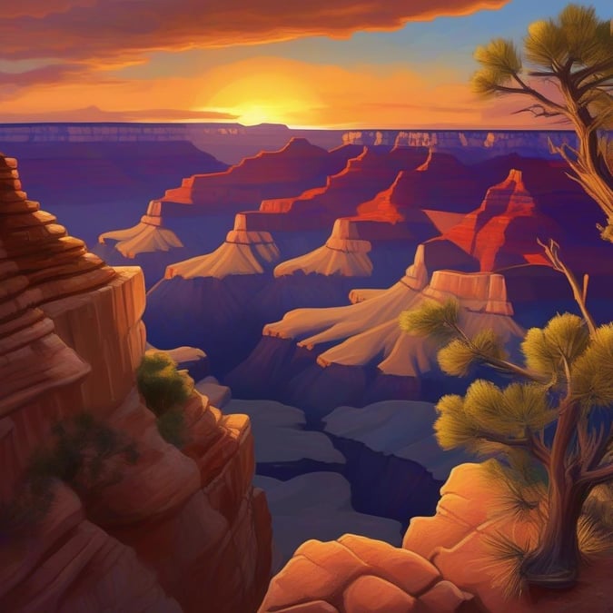 This breathtaking image captures the serene beauty of a sunset over the Grand Canyon, a symbol of nature's grandeur and the power of inspiration.