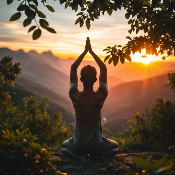 This image captures the serenity of meditation in nature's embrace. The person is seated on a hilltop, surrounded by the tranquility of mountains and trees at sunset.