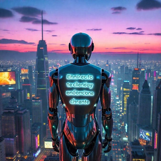 In a world where technology and nature coexist, a robot stands tall, gazing out at the city it has helped build.