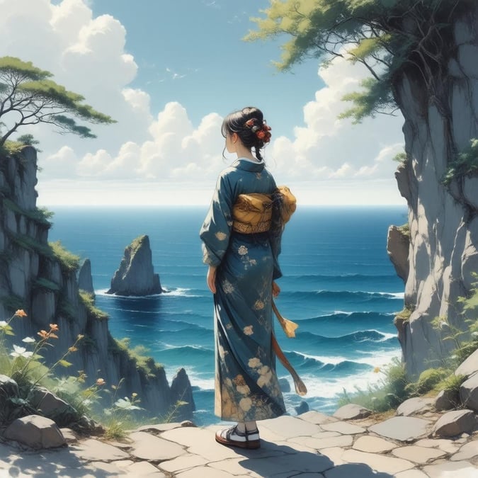 A serene anime illustration of a woman standing on a cliff overlooking the ocean, her elegant kimono contrasting the dark blue ocean and lush greenery.