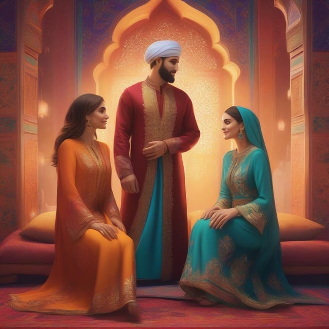 In this heartwarming scene, a family gathers to celebrate the end of Ramadan. The father, dressed in traditional Islamic attire, stands as the figurehead of honor, while the mother and daughter look on with anticipation and joy. The image captures the essence of unity and shared happiness during this special time.