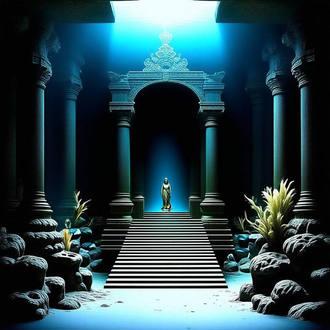 Step into a world of beauty and wonder with this stunning underwater fantasy wallpaper. The serene atmosphere and elegant statue create a sense of calmness and sophistication, while the grand columns and arches add a touch of majesty and grandeur.