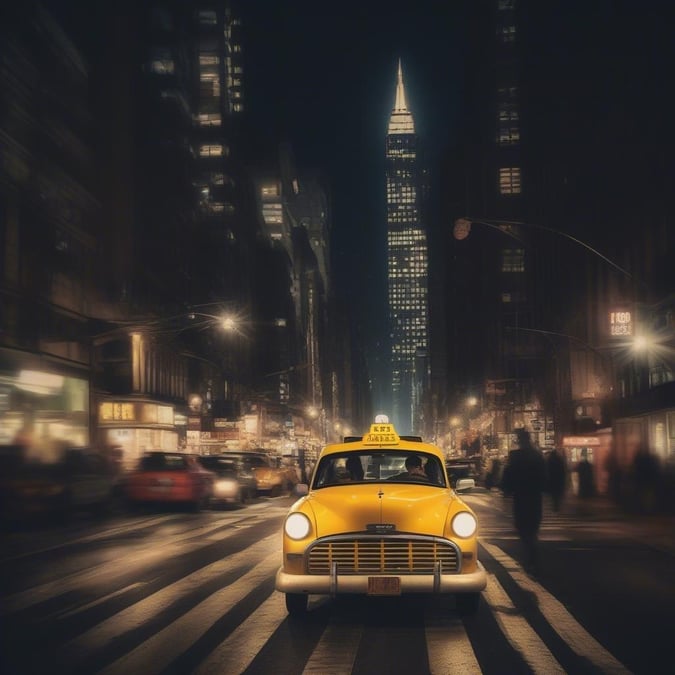 This image captures the iconic yellow taxi cab cruising through the bustling streets of New York City at night. The classic design of the cab, reminiscent of a bygone era, contrasts with the modern architecture that towers in the background. With every turn, there's a story waiting to unfold as the taxi takes its passengers on an urban adventure.