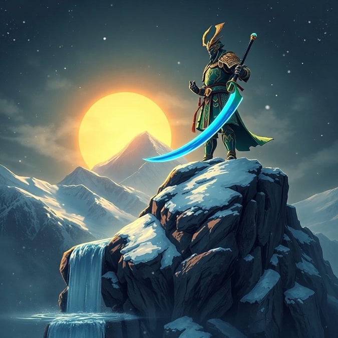 This anime-style illustration captures a serene moment of a shogun standing tall on a snow-capped mountain, with a majestic sword and a tranquil waterfall in the foreground.