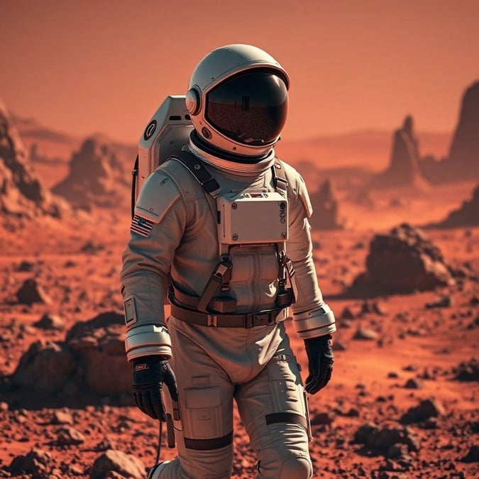 This image shows an astronaut walking on the surface of Mars, surrounded by a barren, rocky landscape.