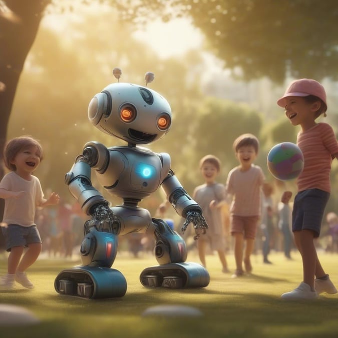 Exploring the outdoors together, human and robot friendship in a playful scene.