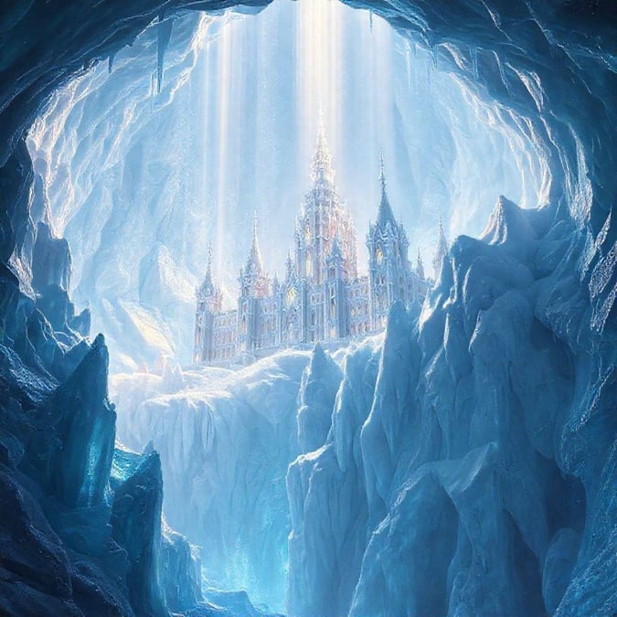 A breathtaking view of a grand castle seemingly emerging from an icy cave.