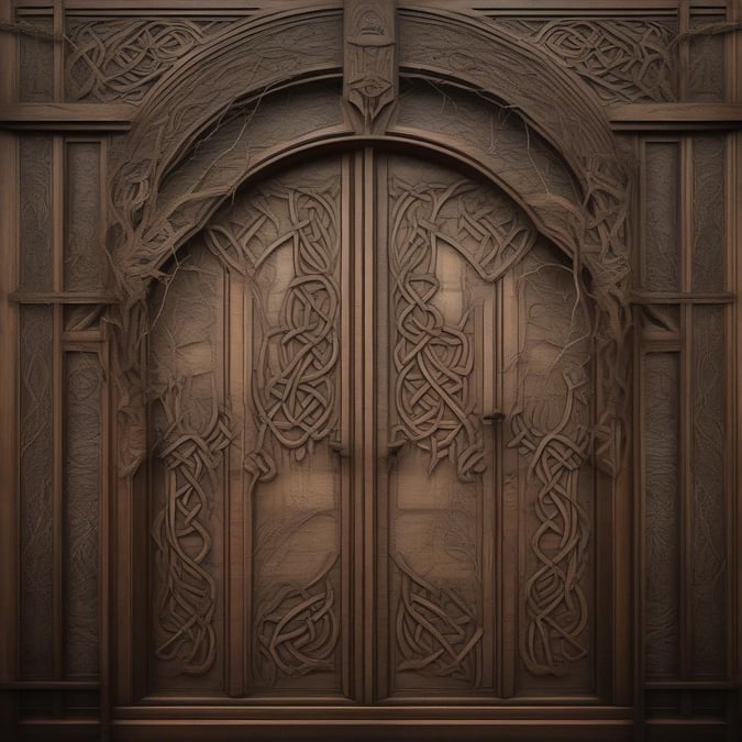 This intricate wooden doorway is a testament to the richness and complexity of Celtic artistry. The interwoven knots and stylized animal motifs are characteristic of Celtic design, which is often associated with Irish heritage.