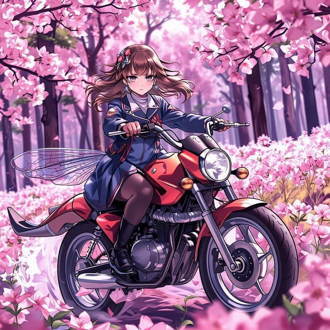 Esta impressionante ilustração de anime captura uma estudante montando uma motocicleta em forma de libélula através de um campo de cerejeiras em flor, exibindo flores vibrantes em rosa e branco e a pose cheia de ação da garota.