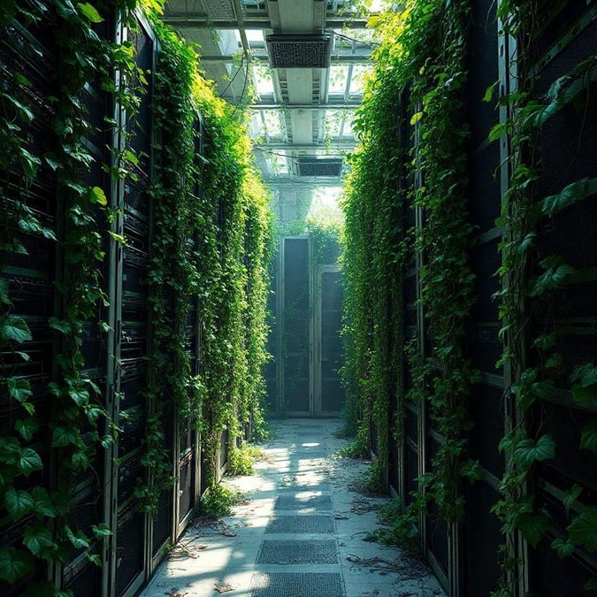 An inside view of server rows with lush green vines growing between them, a modern and sustainable approach to tech infrastructure.