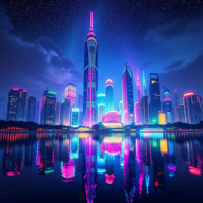 Vibrant city lights reflect off the calm water of a river, with futuristic skyscrapers lit up in neon hues.