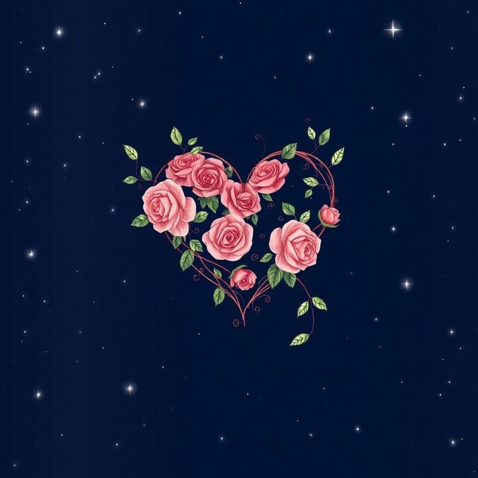 Add a touch of romance to your desktop with this heartwarming Valentine wallpaper. Pink roses arranged in an elegant heart shape, set against the backdrop of the night sky with stars scattered around. Perfect for celebrating love and special occasions.