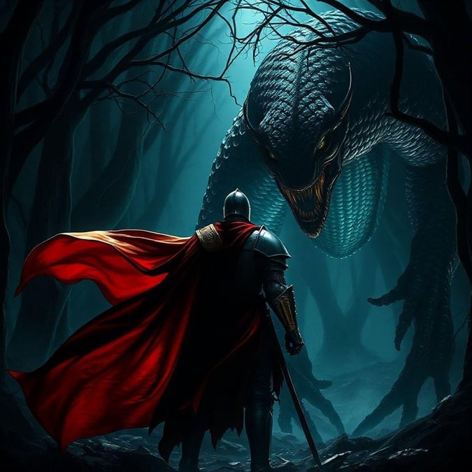 A dramatic image of a knight facing off against a massive dragon in a dark forest.