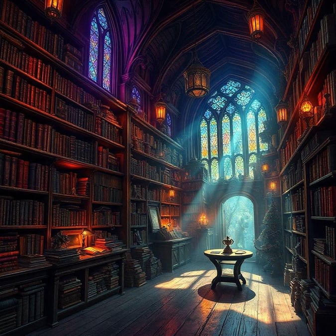 A cozy and mystical library scene, reminiscent of a magical realm. The room is filled with books that seem to hold secrets and adventures beyond the cover. The soft lighting casts shadows on the books, hinting at the depths contained within these pages. This place could be straight out of your favorite fantasy story.