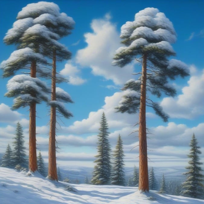 A tranquil winter scene featuring snow-covered trees under a clear blue sky.