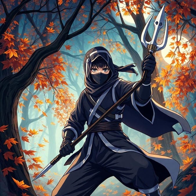 Una escena serena de un joven ninja entrenando en un bosque, rodeado de hojas de otoño, con un enfoque en la pose enérgica del ninja y el telón de fondo del bosque iluminado por la luna.