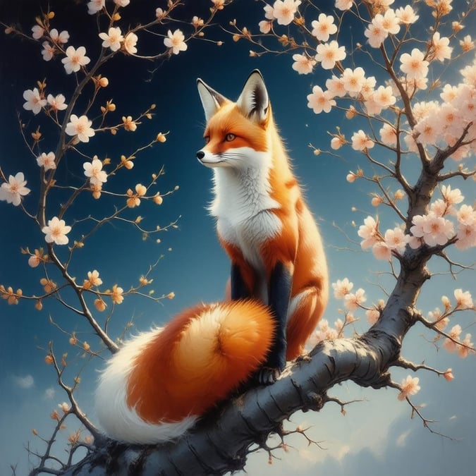 This enchanting wallpaper features a fox spirit perched on a cherry blossom tree, exuding a magical atmosphere with its anime style and warm lighting.