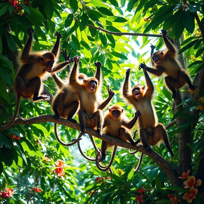 A group of playful monkeys hanging out in a tree, with their arms raised and mouths open as if they are screaming or laughing.