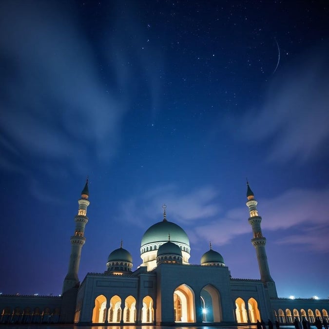 This stunning image captures the beauty of a mosque at night, with its grand dome and minarets standing out against the starry sky. The mosque's architecture is a testament to the blend of traditional and modern elements, with intricate details and ornate patterns that add to its grandeur.