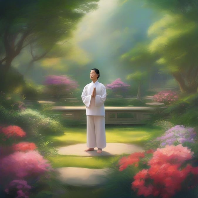 A woman in a serene setting, engaging in meditation. The backdrop features tranquil nature, enhancing the calming atmosphere.