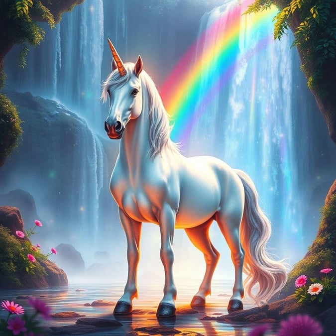 A majestic unicorn stands in front of a cascading waterfall, its mane glowing with the colors of the rainbow. This enchanting scene is perfect for your desktop background.