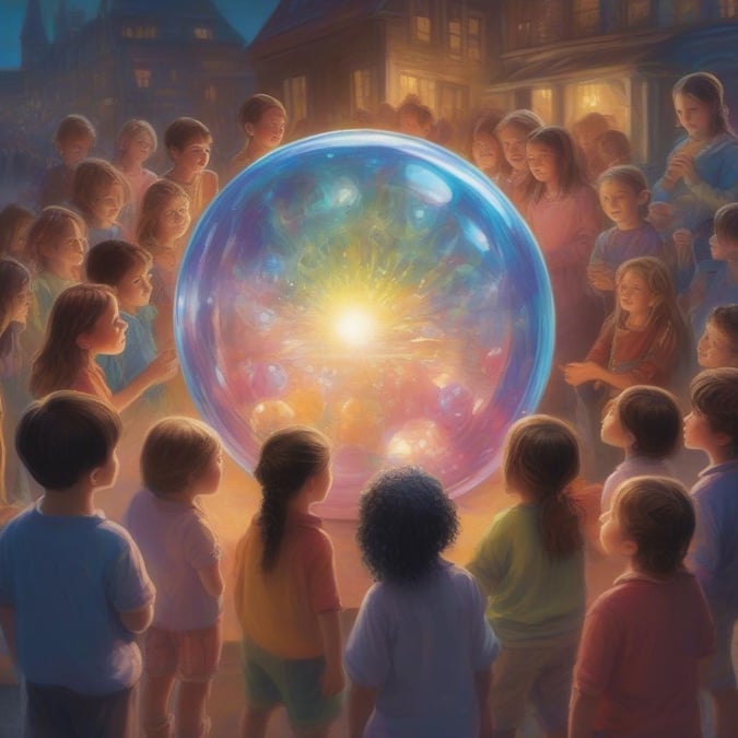 A young girl gazes into a magical bubble world where dreams come true, surrounded by an enthralled audience at the night-time carnival.