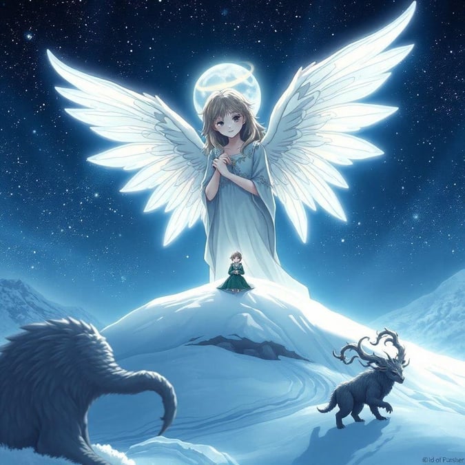 Mergulhe na beleza serena deste papel de parede inspirado no anime, apresentando um anjo etéreo em uma paisagem coberta de neve, com uma pequena figura que adiciona escala e a lua lançando um brilho encantador sobre criaturas misteriosas.