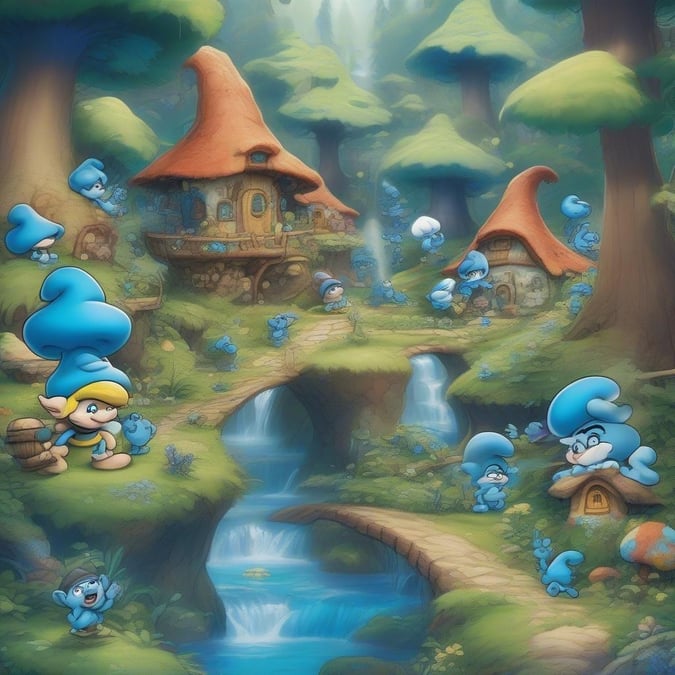 This enchanting scene captures the whimsical world of cartoon favorites. The vibrant forest, complete with a babbling brook and quaint houses, is teeming with mischievous trolls and curious creatures. The blue fairies add a touch of magic to the setting, making it an ideal backdrop for your next adventure.