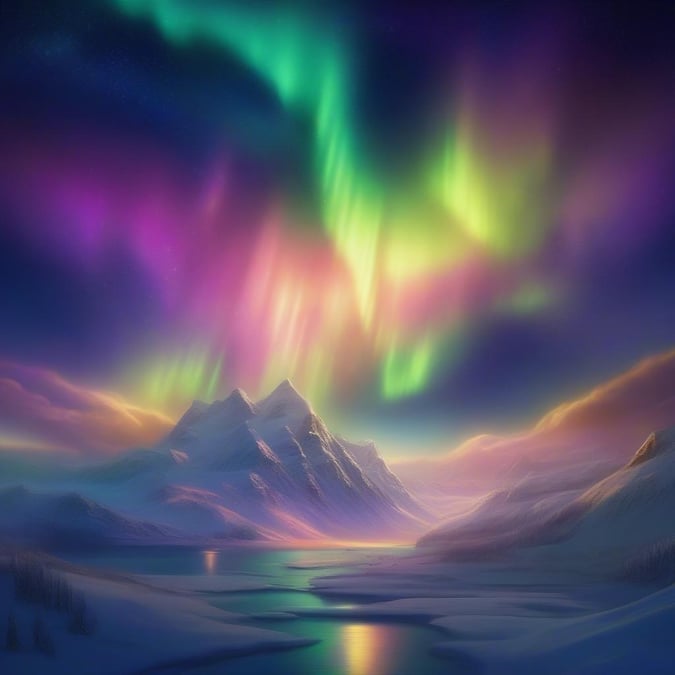 A serene landscape where nature reveals its magic through the spectacular aurora borealis, showcasing a majestic mountain and tranquil waterscape under the twinkling night sky.