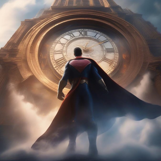 This image is a wallpaper featuring Superman standing in front of a clock tower, showcasing his iconic red and blue suit with a yellow belt and cape. The clock tower is a prominent feature in the background, adding depth and context to the scene.