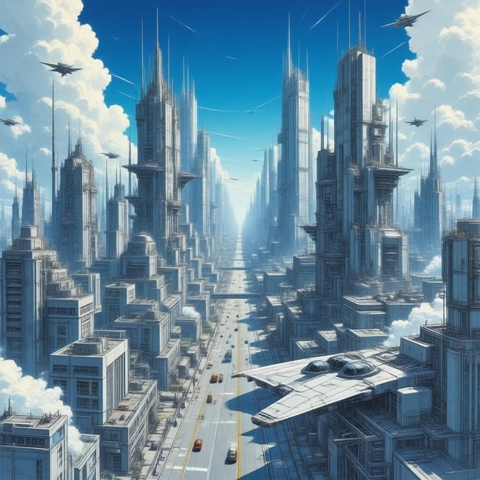 This beautiful anime-style cityscape wallpaper features a futuristic metropolis with towering skyscrapers and flying cars, creating a captivating and immersive atmosphere.