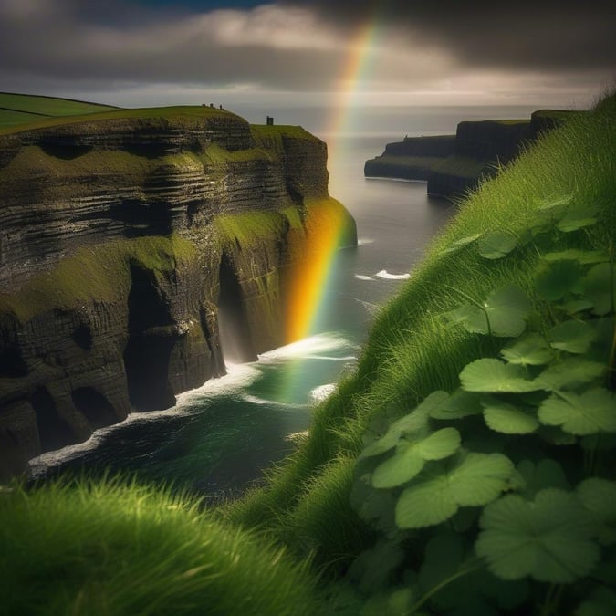 Celebrate St. Patrick's Day with this stunning wallpaper featuring a vibrant rainbow, majestic cliffs, and the vast ocean. Perfect for desktop and mobile use, this image captures the essence of Irish heritage and natural beauty.