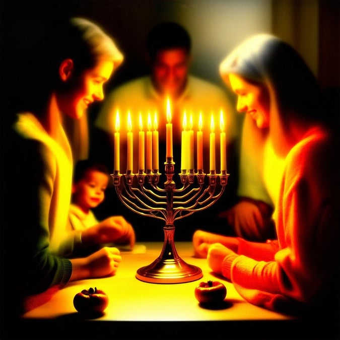 A joyful family gathering around the menorah, embraced in the warmth of tradition and unity during the Festival of Lights.