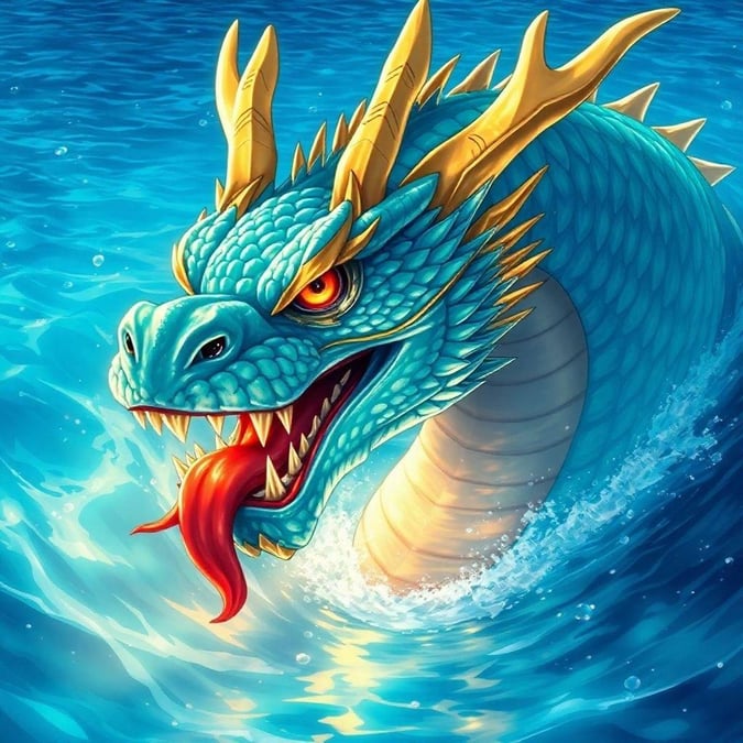 This anime-style illustration features a majestic dragon rising from the deep blue ocean, its shimmering turquoise and gold scales catching the light. With a fierce expression and sharp teeth, the dragon's glowing red tongue adds a touch of magic to the scene. The tranquil atmosphere and captivating fantasy elements make this illustration a must-see for fans of anime and fantasy art.