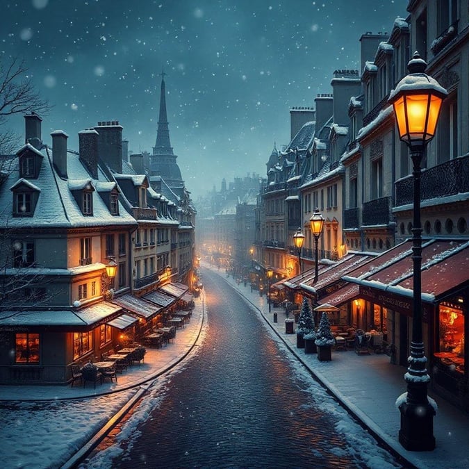 A picturesque winter scene on a cobblestone street, with festive lights illuminating the snowy stone buildings. The quaint architecture and tranquil atmosphere of this French alleyway evoke a sense of cozy holiday cheer.