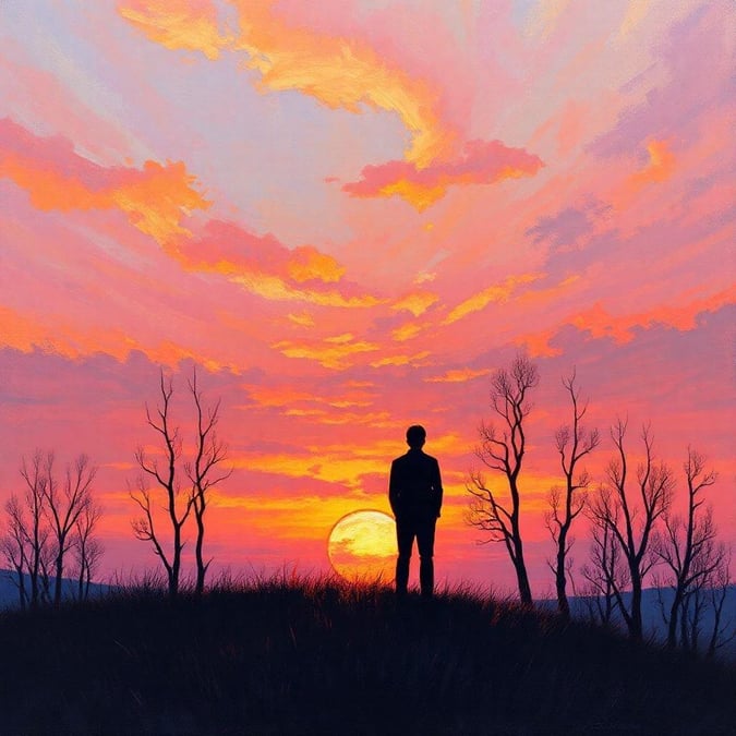 A tranquil scene at sunrise, with a lone figure standing on a hill overlooking the horizon.