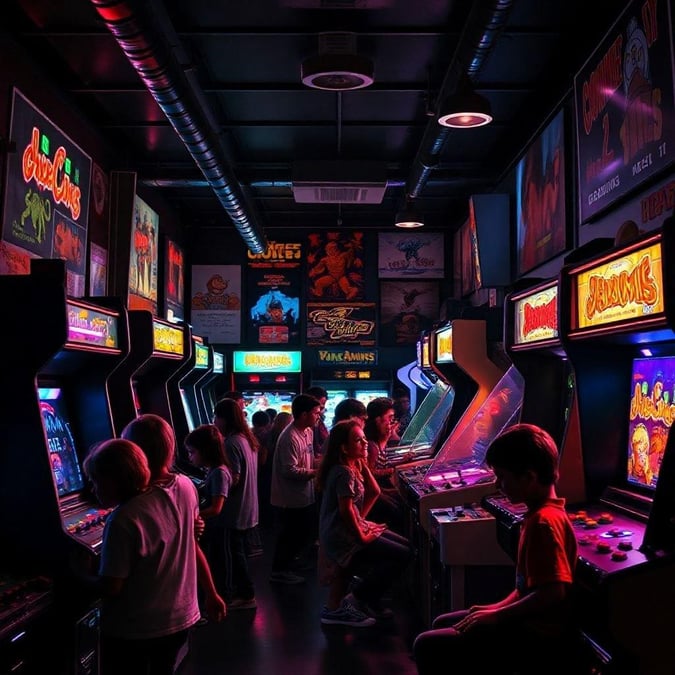 Nostalgic arcade filled with classic video games. Friends and family playing in a cozy, neon-lit ambiance.