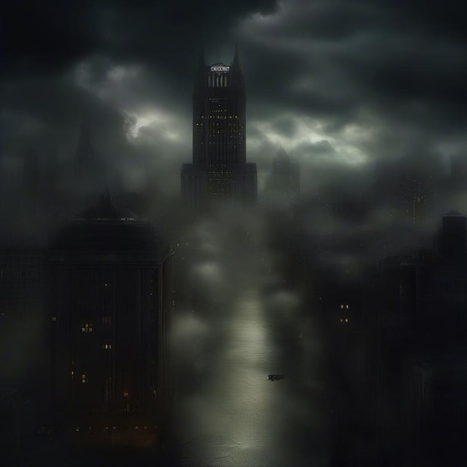 A dramatic view of a city skyline at night during a stormy weather. The foggy atmosphere adds to the intensity of this urban scene.