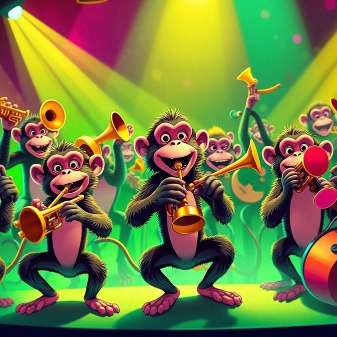 A lively scene with monkeys playing instruments on stage, making music and having fun.