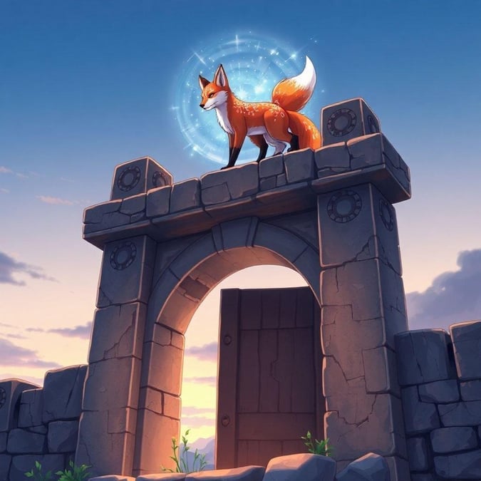 Immerse yourself in the mystical world of anime with this captivating image of a fox spirit perched atop an ancient stone gate. The fox's aura is surrounded by a sense of wonder and magic, inviting you to explore the fantastical realm.