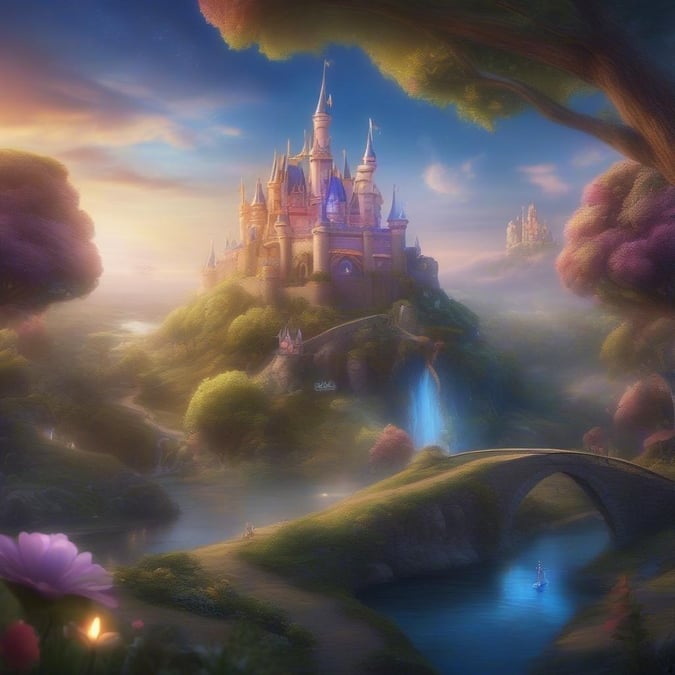 A majestic castle stands tall in the distance, overlooking a tranquil landscape with a bridge and waterfall.