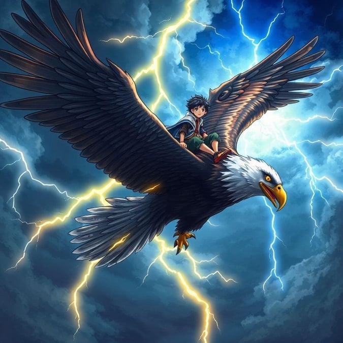 Cette illustration anime captivante présente un jeune garçon montant un aigle majestueux, entouré par le décor dramatique d'un ciel orageux avec des éclairs.