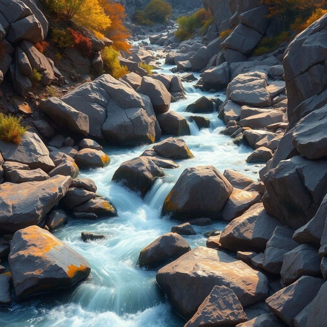 A tranquil stream of water cascading through a stunning mountain landscape. The image captures the serene beauty of nature, perfect for a desktop wallpaper.