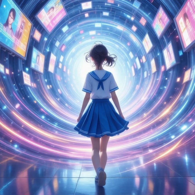 A captivating digital illustration of a schoolgirl navigating through a vibrant, swirling vortex of neon lights, surrounded by anime-inspired billboards and screens.