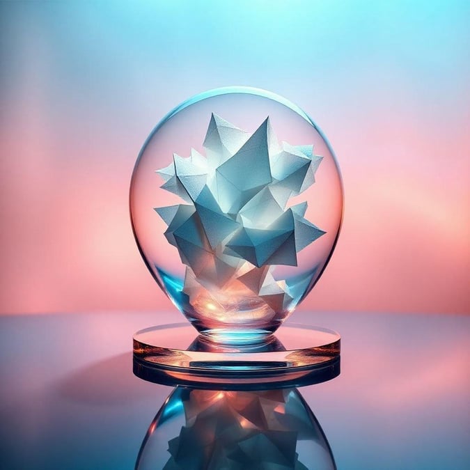 Add a touch of sophistication to your device with this stunning abstract wallpaper, featuring a 3D rendering of a star-like shape in a glass sphere, set against a gradient background that transitions from pink to blue.