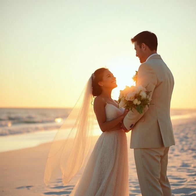 A bride and groom celebrating their special day with a romantic beach sunset.