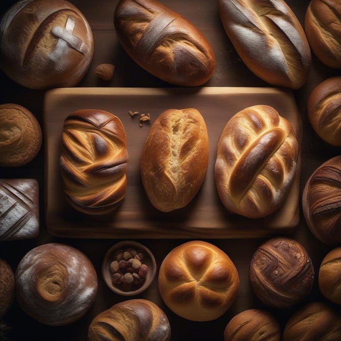 A delightful assortment of bakery items, each with a unique crust and texture. Perfect for enjoying a fresh loaf at home.